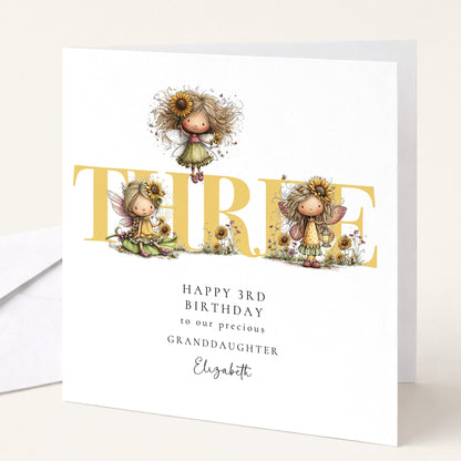 3rd Birthday Card for Granddaughter, Sunflower Fairy Birthday Card, Personalised Third Birthday Keepsake