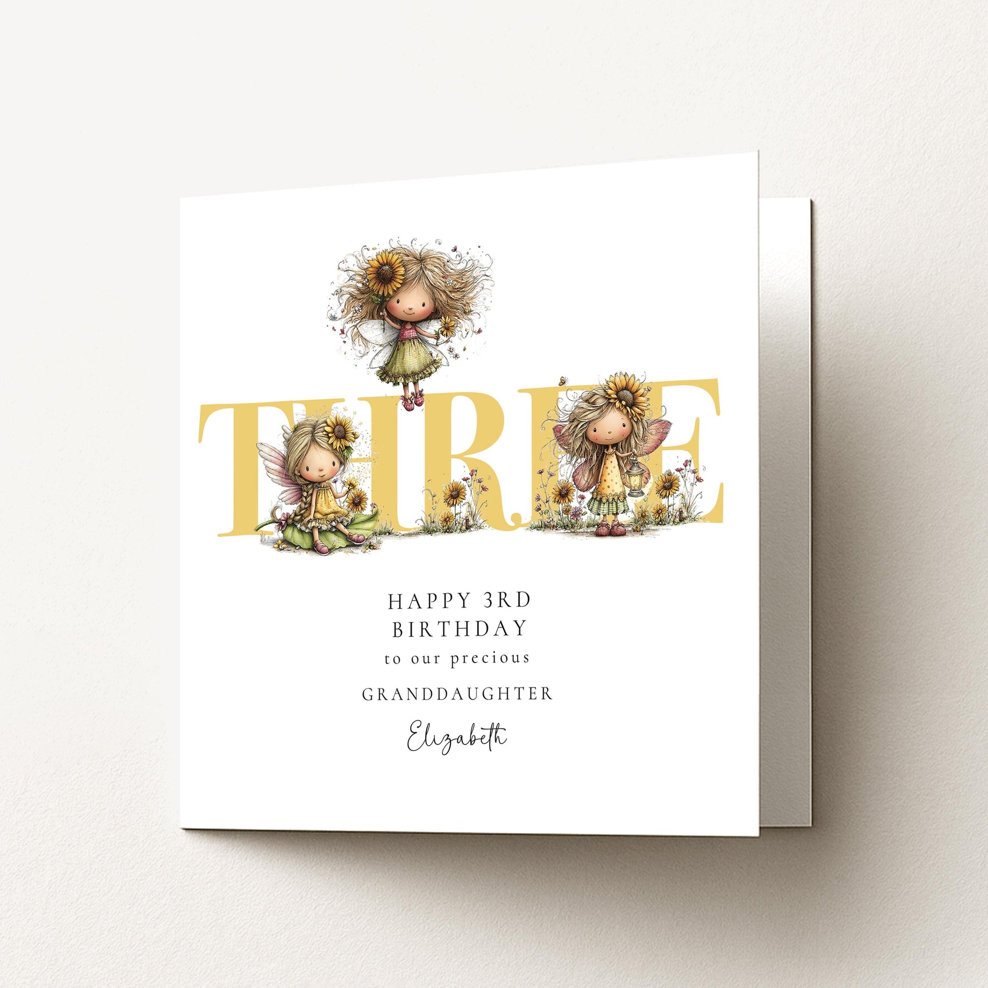 3rd Birthday Card for Granddaughter, Sunflower Fairy Birthday Card, Personalised Third Birthday Keepsake