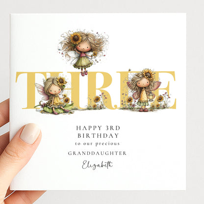 3rd Birthday Card for Granddaughter, Sunflower Fairy Birthday Card, Personalised Third Birthday Keepsake