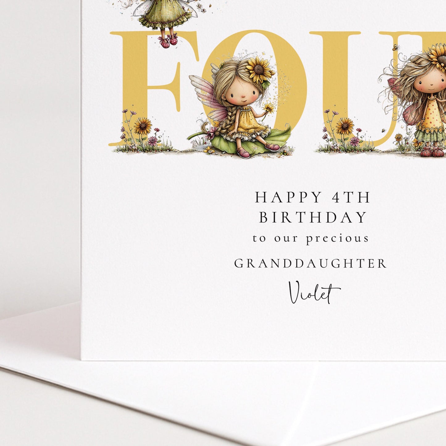 4th Birthday Card for Granddaughter, Sunflower Fairy Birthday Card, Personalised Fourth Birthday Keepsake