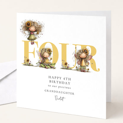 4th Birthday Card for Granddaughter, Sunflower Fairy Birthday Card, Personalised Fourth Birthday Keepsake