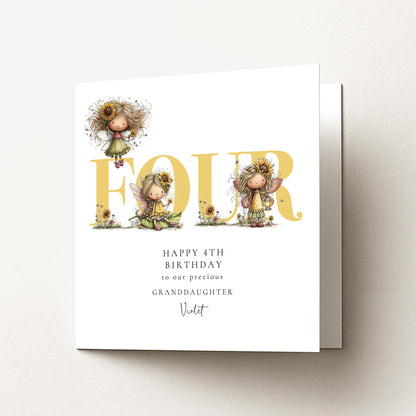4th Birthday Card for Granddaughter, Sunflower Fairy Birthday Card, Personalised Fourth Birthday Keepsake