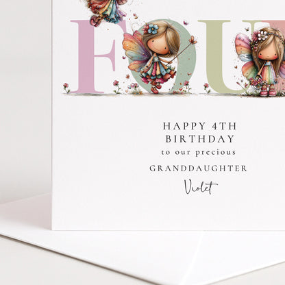 Personalized Granddaughter 4th Birthday Card, Fairy Keepsake