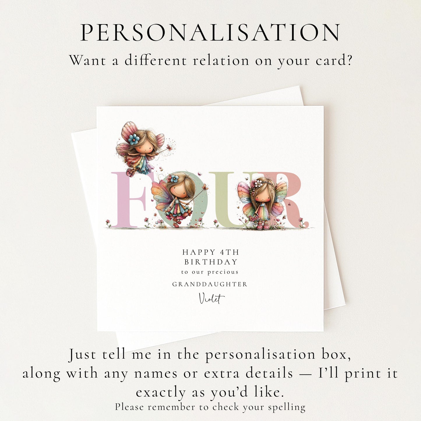 Personalized Granddaughter 4th Birthday Card, Fairy Keepsake