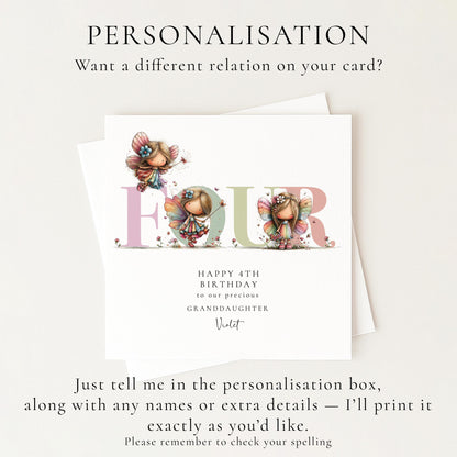 Personalized Granddaughter 4th Birthday Card, Fairy Keepsake