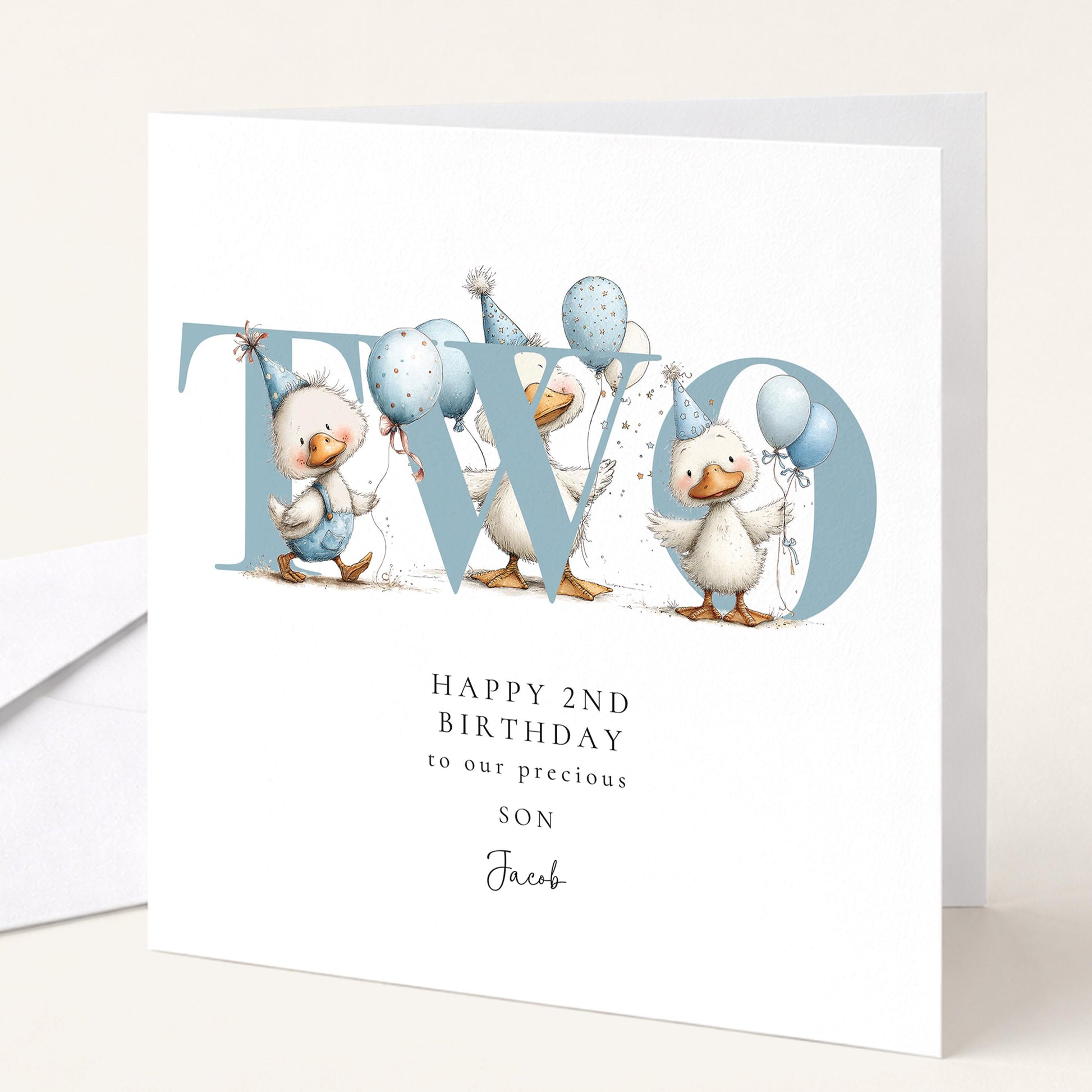 2nd Birthday Card for Son, Duck Birthday Card, Personalised Second Birthday Card, Cute Animal Birthday Card