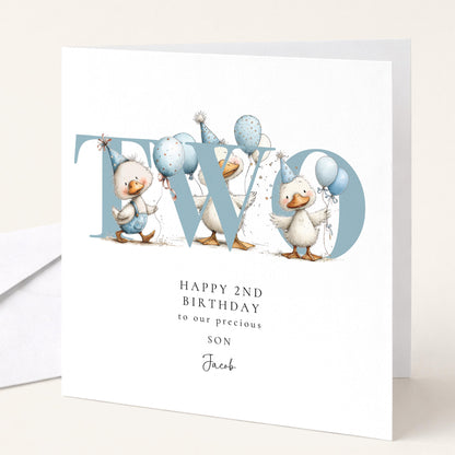 2nd Birthday Card for Son, Duck Birthday Card, Personalised Second Birthday Card, Cute Animal Birthday Card