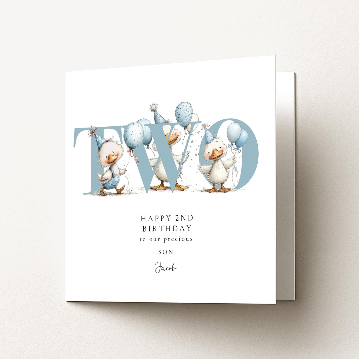 2nd Birthday Card for Son, Duck Birthday Card, Personalised Second Birthday Card, Cute Animal Birthday Card