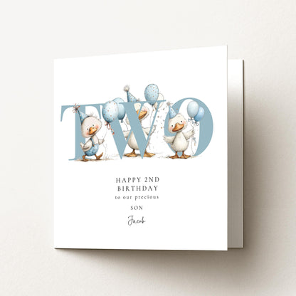 2nd Birthday Card for Son, Duck Birthday Card, Personalised Second Birthday Card, Cute Animal Birthday Card