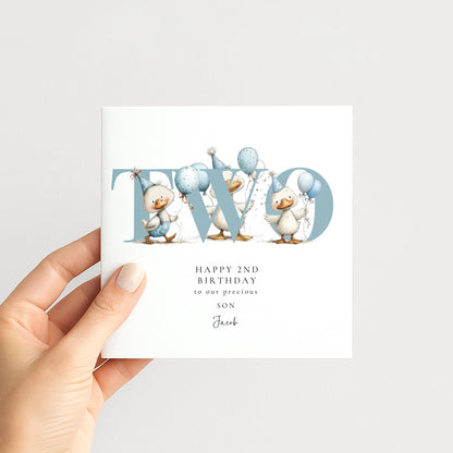 2nd Birthday Card for Son, Duck Birthday Card, Personalised Second Birthday Card, Cute Animal Birthday Card