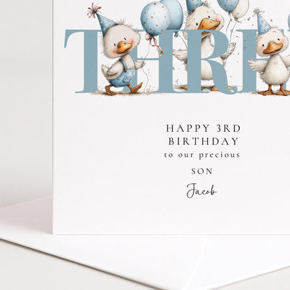 3rd Birthday Card for Son, Duck Birthday Card, Personalised Third Birthday Card, Cute Animal Birthday Card