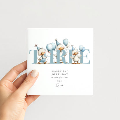 3rd Birthday Card for Son, Duck Birthday Card, Personalised Third Birthday Card, Cute Animal Birthday Card