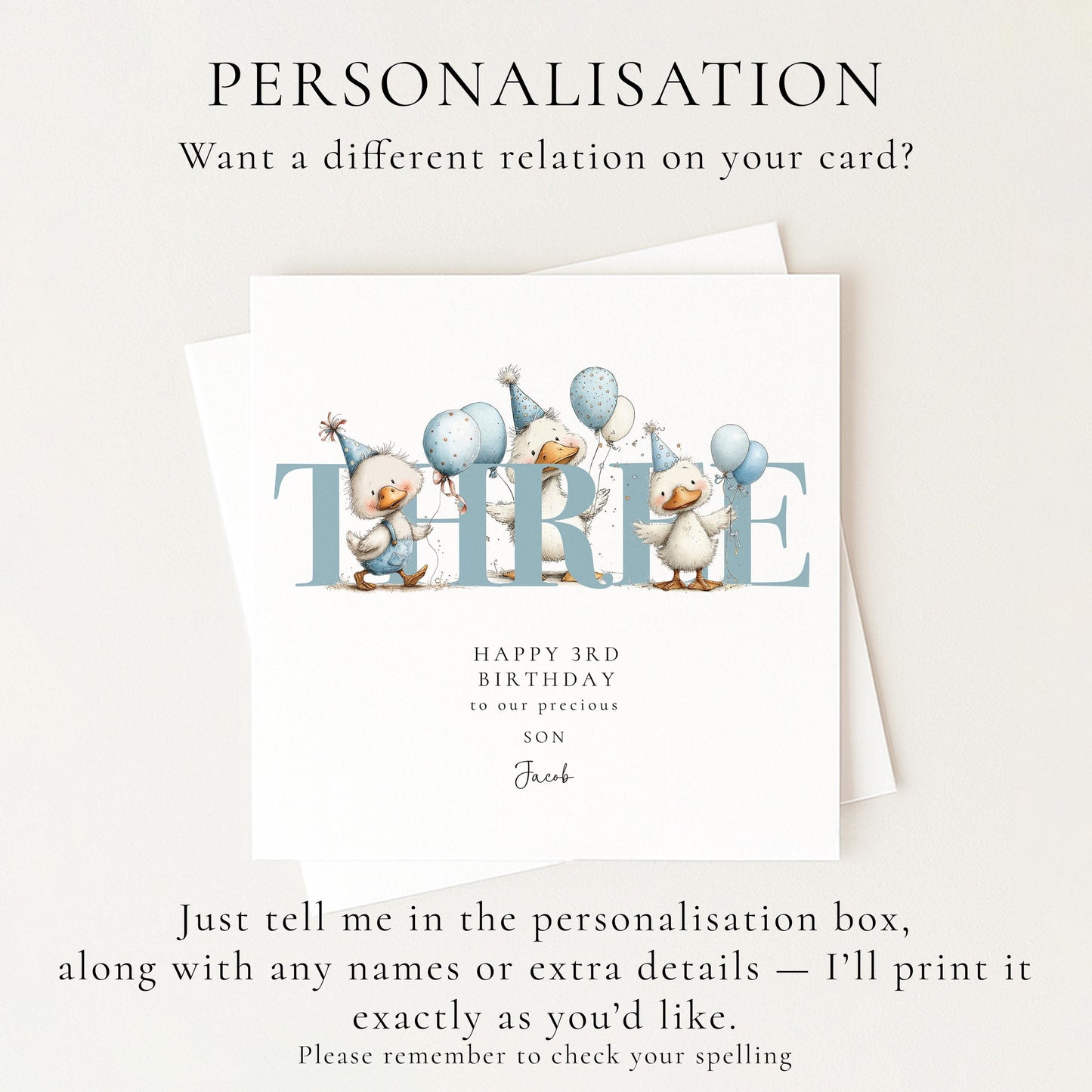 3rd Birthday Card for Son, Duck Birthday Card, Personalised Third Birthday Card, Cute Animal Birthday Card