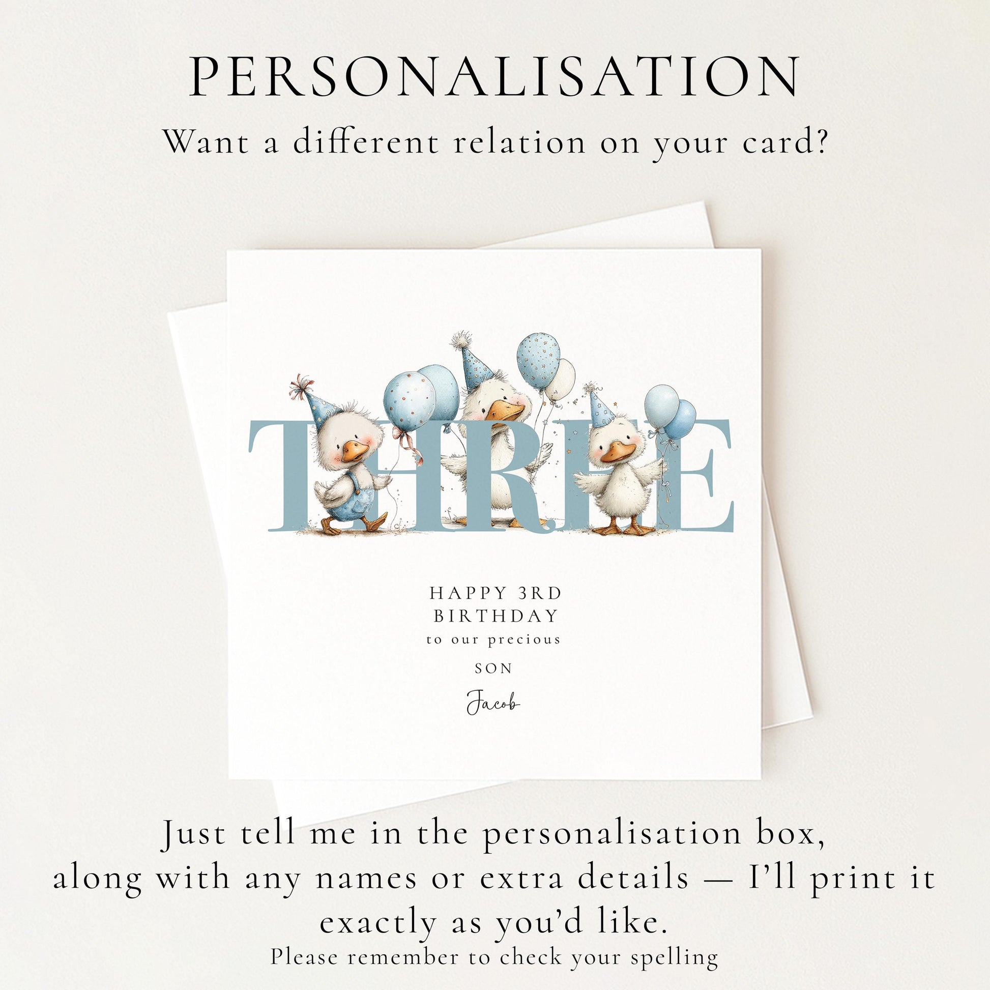 3rd Birthday Card for Son, Duck Birthday Card, Personalised Third Birthday Card, Cute Animal Birthday Card