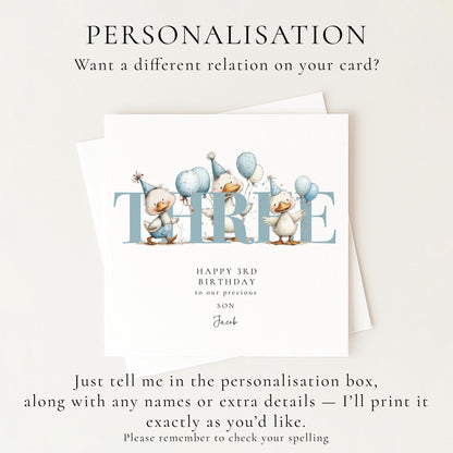 3rd Birthday Card for Son, Duck Birthday Card, Personalised Third Birthday Card, Cute Animal Birthday Card