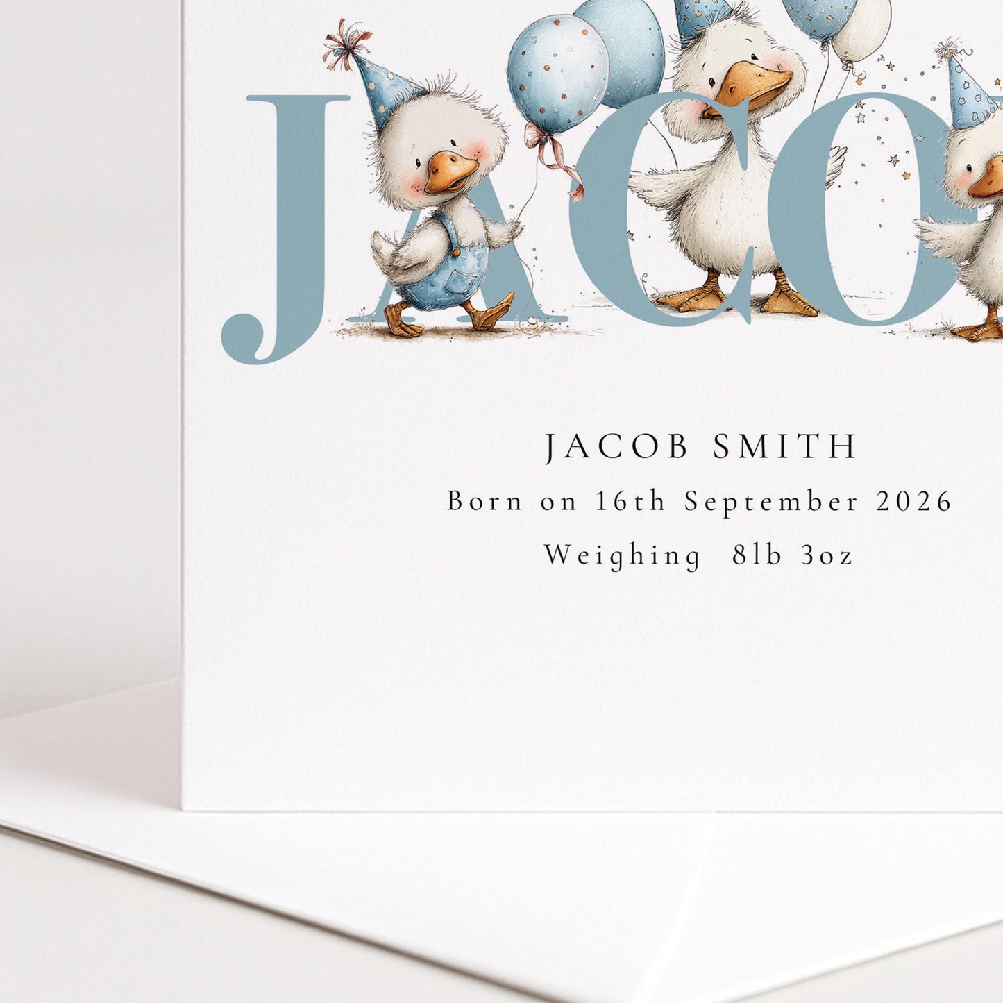 Personalised Duck Birth Card, New Baby Card with Name for Him, Baby Keepsake Card, Blue Duck Nursery Card