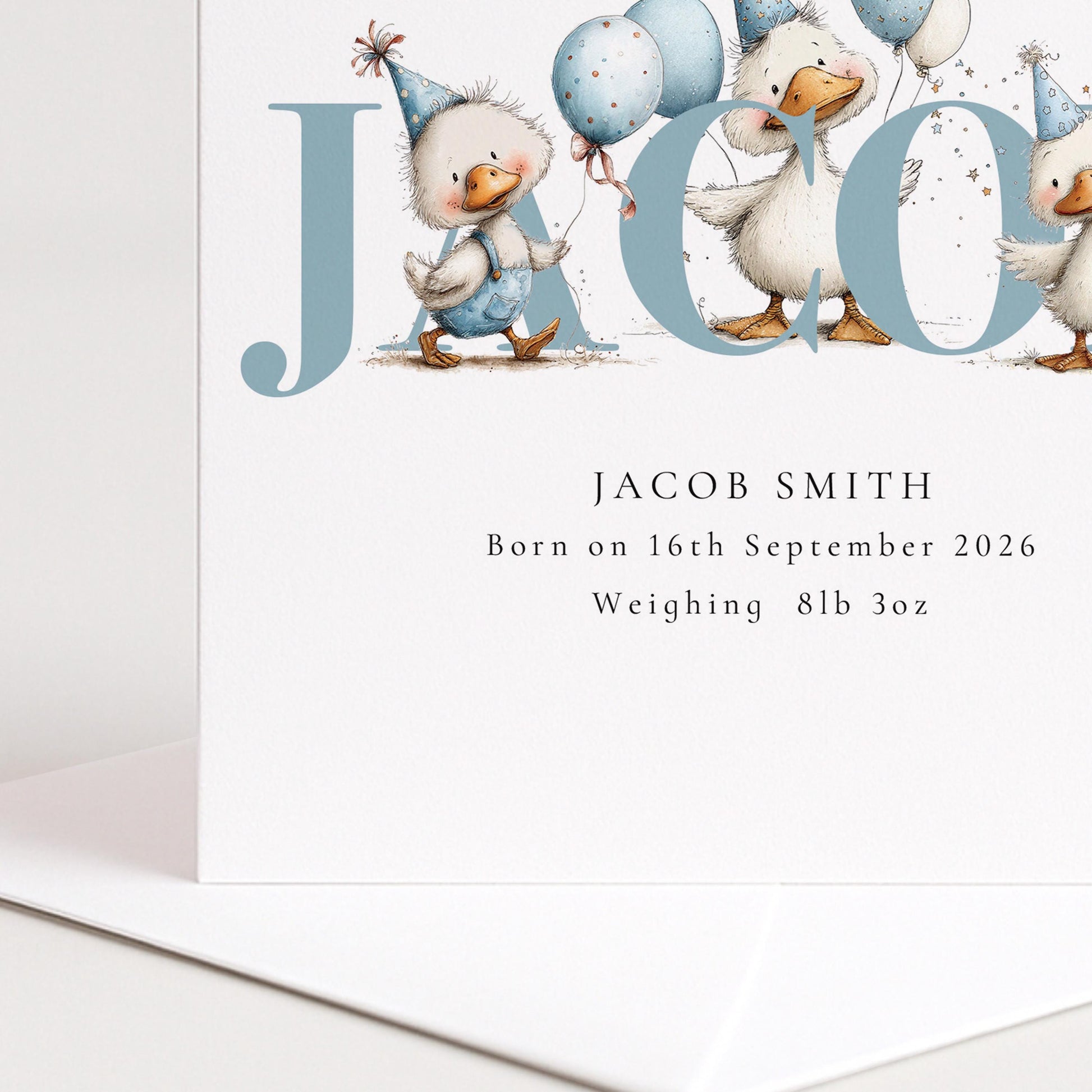 Personalised Duck Birth Card, New Baby Card with Name for Him, Baby Keepsake Card, Blue Duck Nursery Card