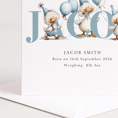 Personalised Duck Birth Card, New Baby Card with Name for Him, Baby Keepsake Card, Blue Duck Nursery Card