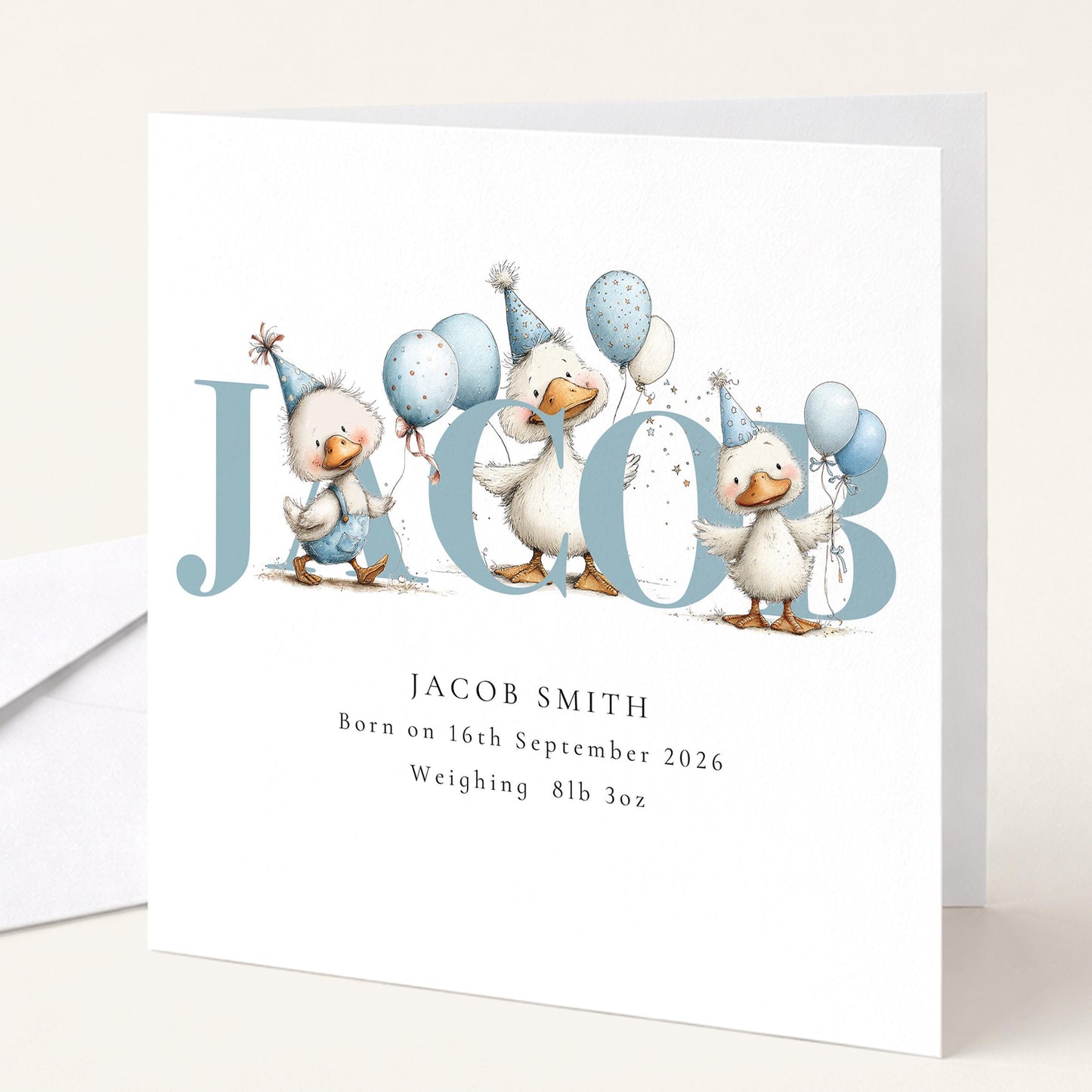 Personalised Duck Birth Card, New Baby Card with Name for Him, Baby Keepsake Card, Blue Duck Nursery Card