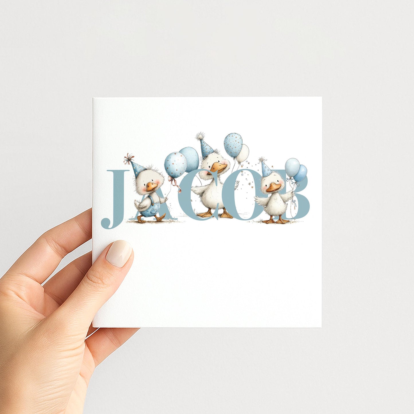 Personalised Duck Birth Card, New Baby Card with Name for Him, Baby Keepsake Card, Blue Duck Nursery Card