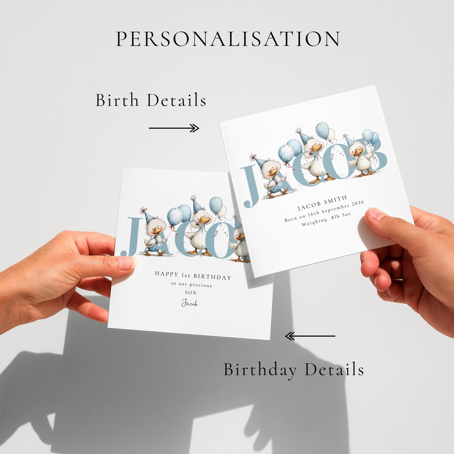 Personalised Duck Birth Card, New Baby Card with Name for Him, Baby Keepsake Card, Blue Duck Nursery Card