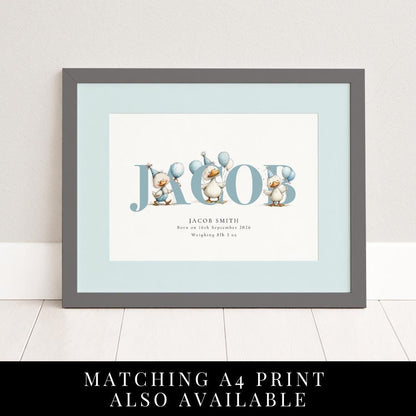 Personalised Duck Birth Card, New Baby Card with Name for Him, Baby Keepsake Card, Blue Duck Nursery Card