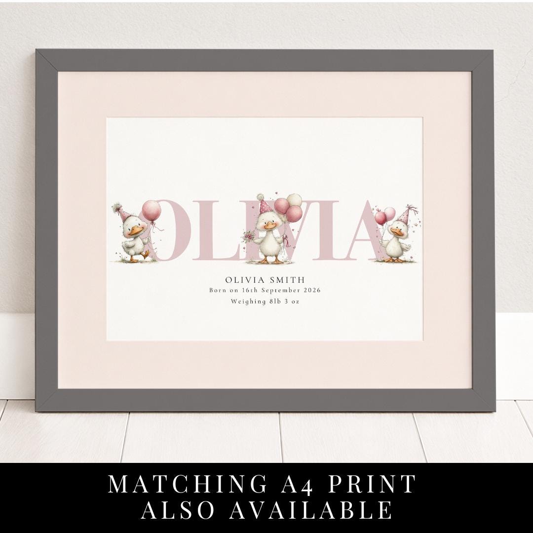Personalised Duck Birth Card, New Baby Card with Name for Girl Baby Keepsake Card, Pink Duck Nursery Card