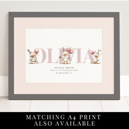 Personalised Duck Birth Card, New Baby Card with Name for Girl Baby Keepsake Card, Pink Duck Nursery Card