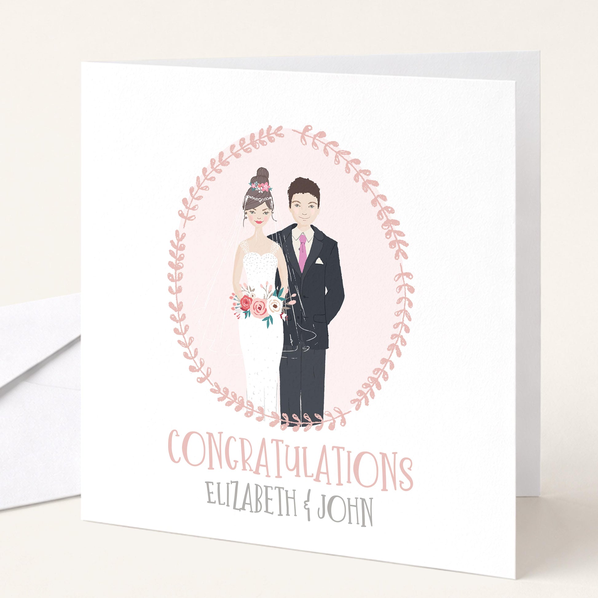 Personalised Wedding Congratulations Card, Whimsical Bride and Groom Illustration Card, Custom Couple Hair Options