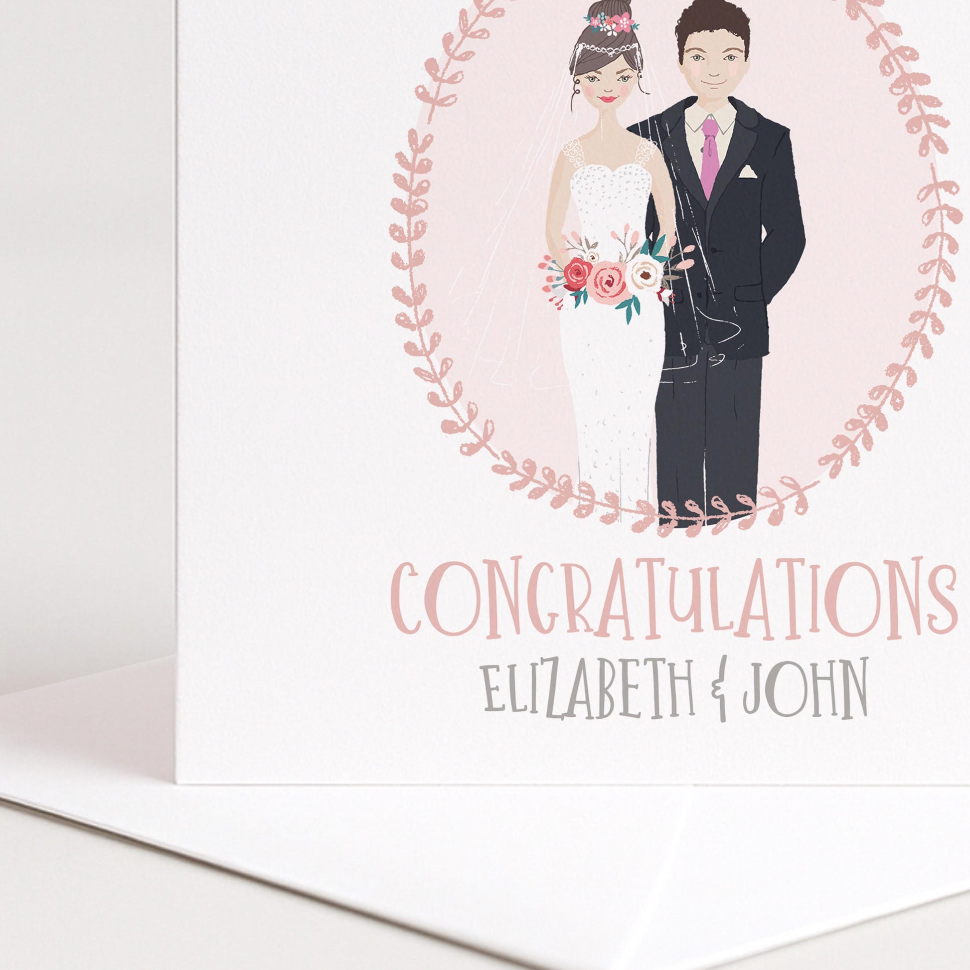 Personalised Wedding Congratulations Card, Whimsical Bride and Groom Illustration Card, Custom Couple Hair Options
