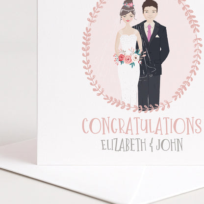 Personalised Wedding Congratulations Card, Whimsical Bride and Groom Illustration Card, Custom Couple Hair Options