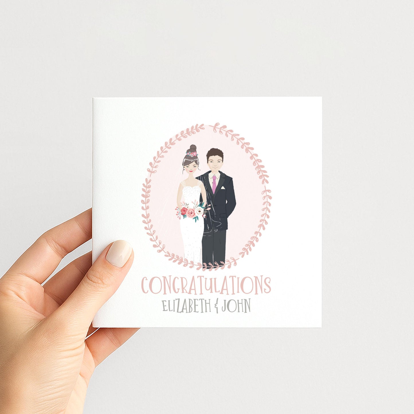 Personalised Wedding Congratulations Card, Whimsical Bride and Groom Illustration Card, Custom Couple Hair Options