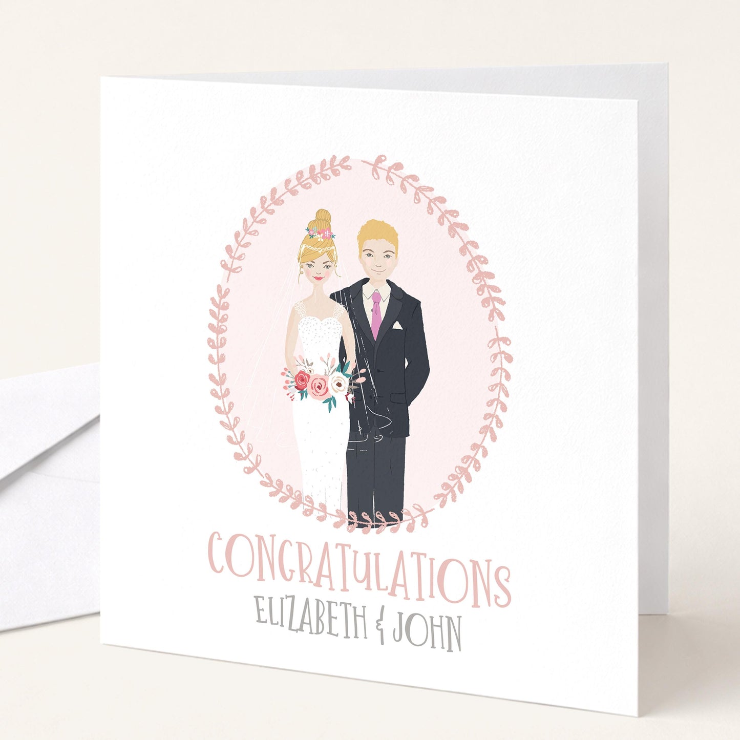 Personalised Wedding Congratulations Card, Whimsical Bride and Groom Illustration Card, Custom Couple Hair Options