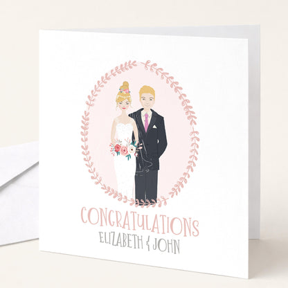 Personalised Wedding Congratulations Card, Whimsical Bride and Groom Illustration Card, Custom Couple Hair Options
