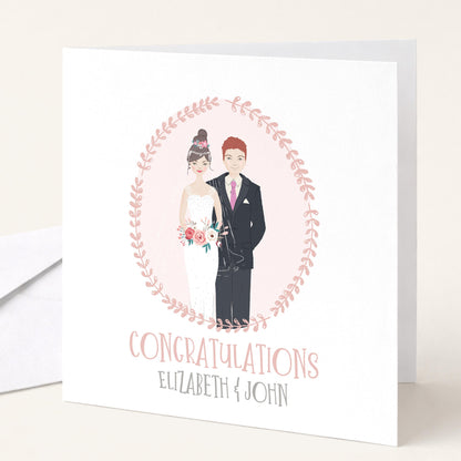 Personalised Wedding Congratulations Card, Whimsical Bride and Groom Illustration Card, Custom Couple Hair Options