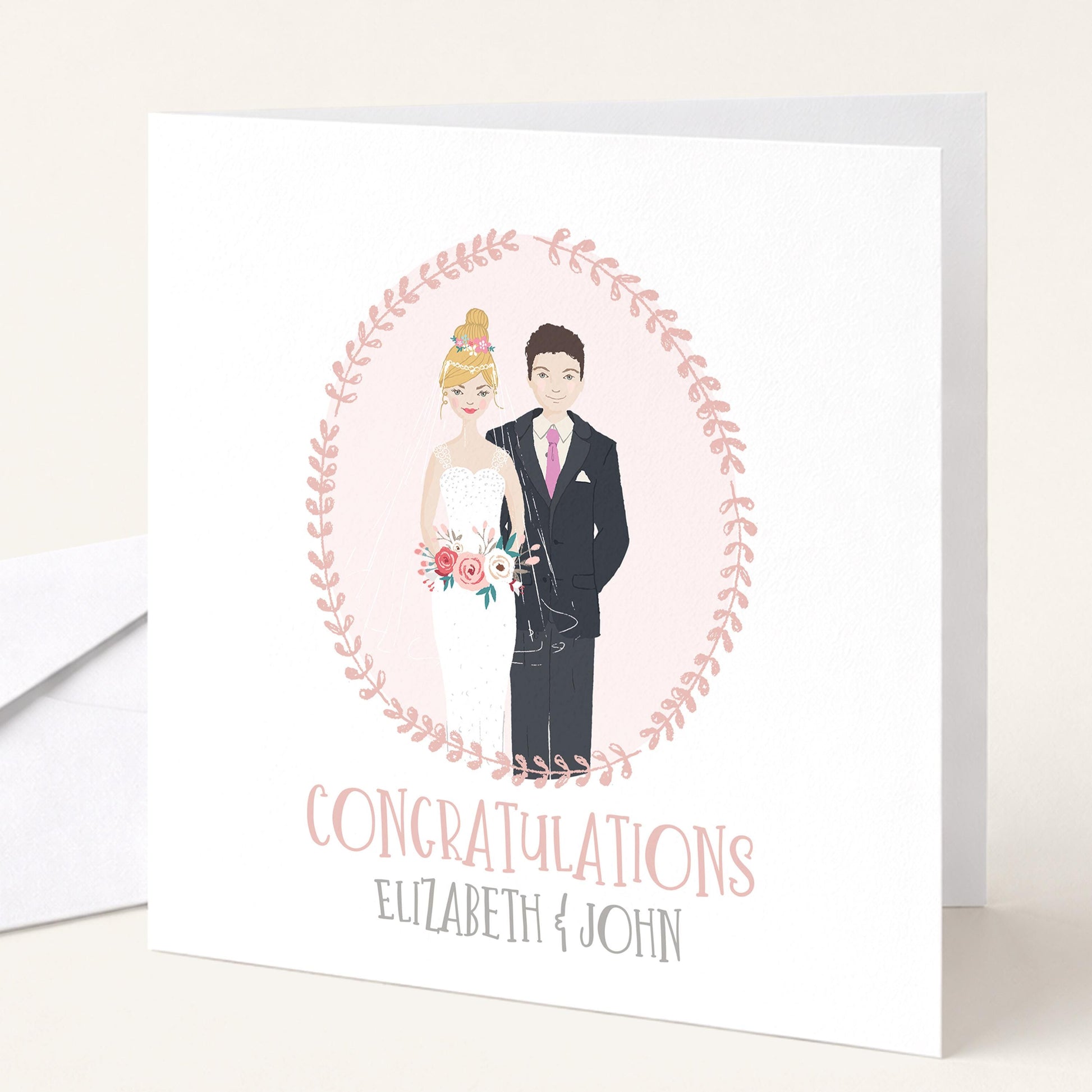 Personalised Wedding Congratulations Card, Whimsical Bride and Groom Illustration Card, Custom Couple Hair Options