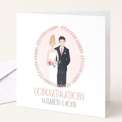 Personalised Wedding Congratulations Card, Whimsical Bride and Groom Illustration Card, Custom Couple Hair Options