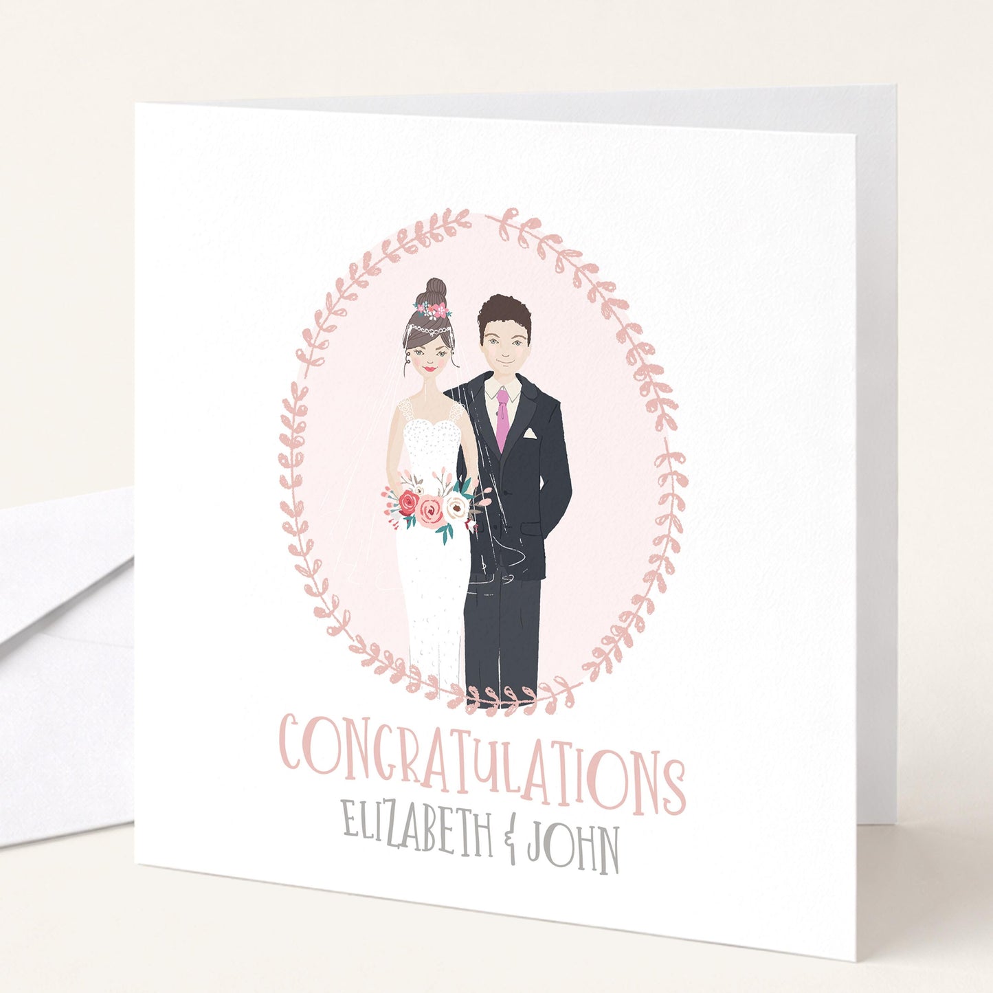 Personalised Wedding Congratulations Card, Whimsical Bride and Groom Illustration Card, Custom Couple Hair Options