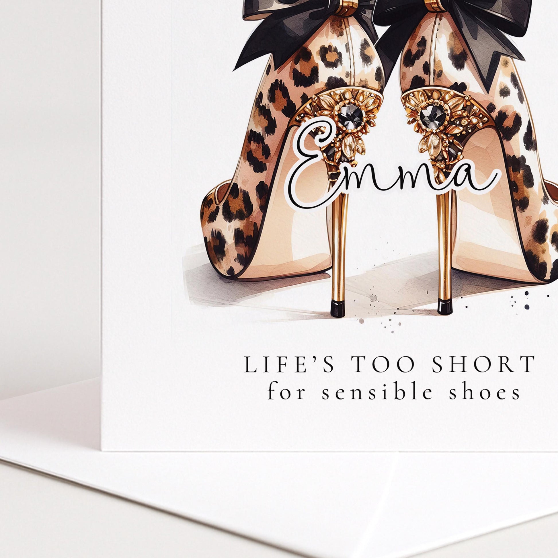 Funny Birthday Card for Friend, Life’s Too Short for Sensible Shoes, Leopard Print Glam Heels Card, Stylish Birthday Card for Her