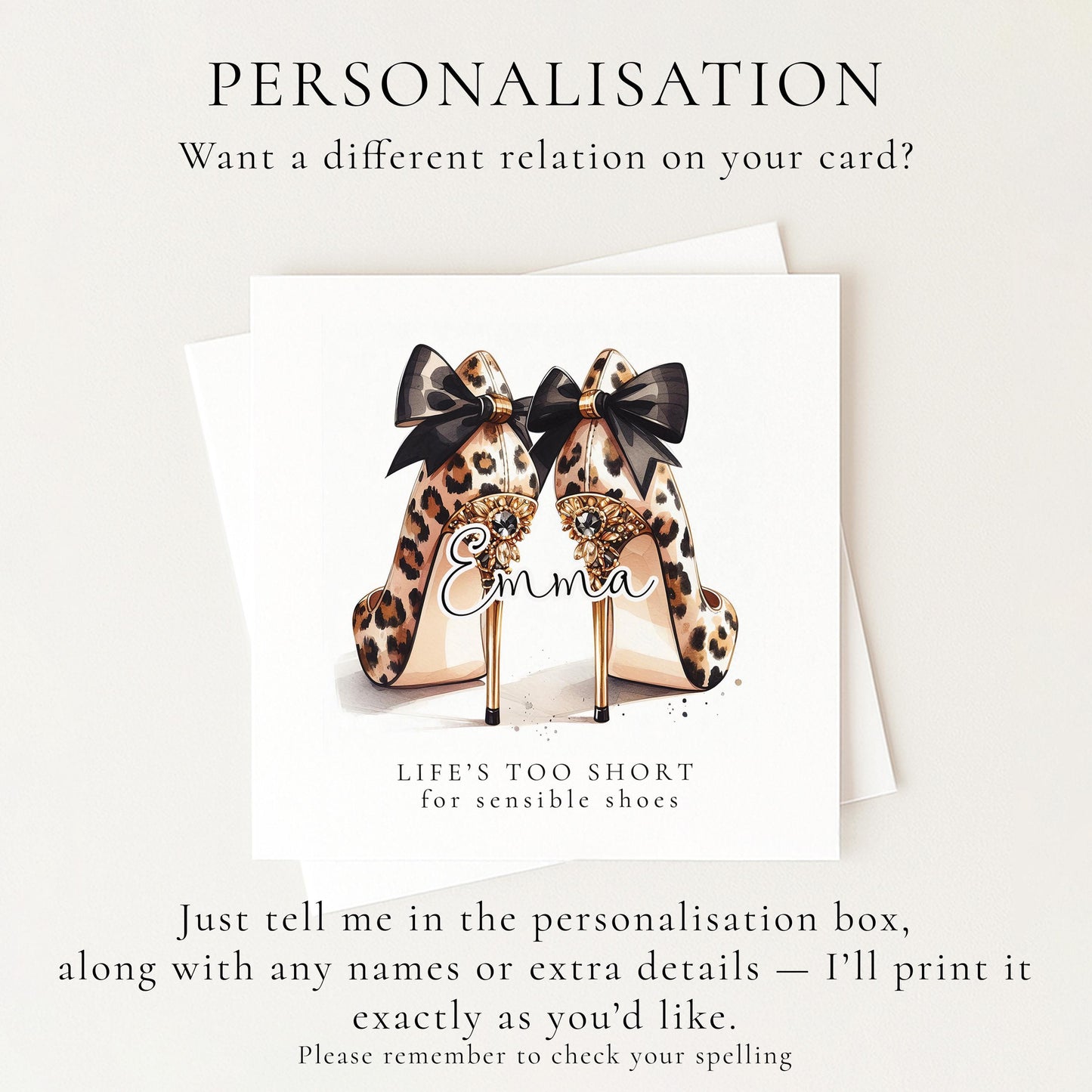 Funny Birthday Card for Friend, Life’s Too Short for Sensible Shoes, Leopard Print Glam Heels Card, Stylish Birthday Card for Her