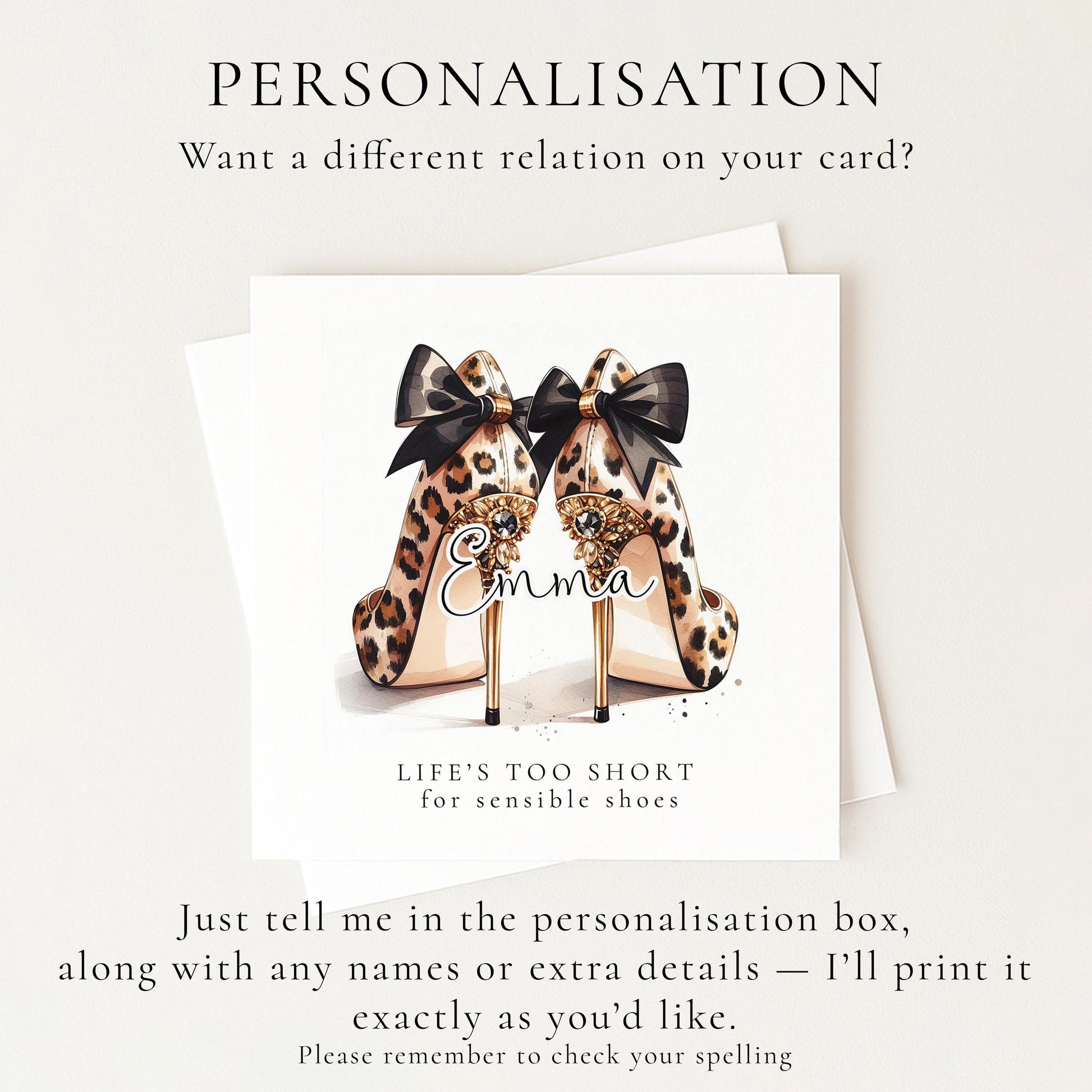 Funny Birthday Card for Friend, Life’s Too Short for Sensible Shoes, Leopard Print Glam Heels Card, Stylish Birthday Card for Her