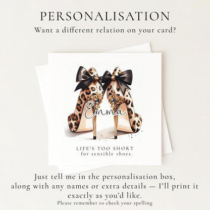 Funny Birthday Card for Friend, Life’s Too Short for Sensible Shoes, Leopard Print Glam Heels Card, Stylish Birthday Card for Her
