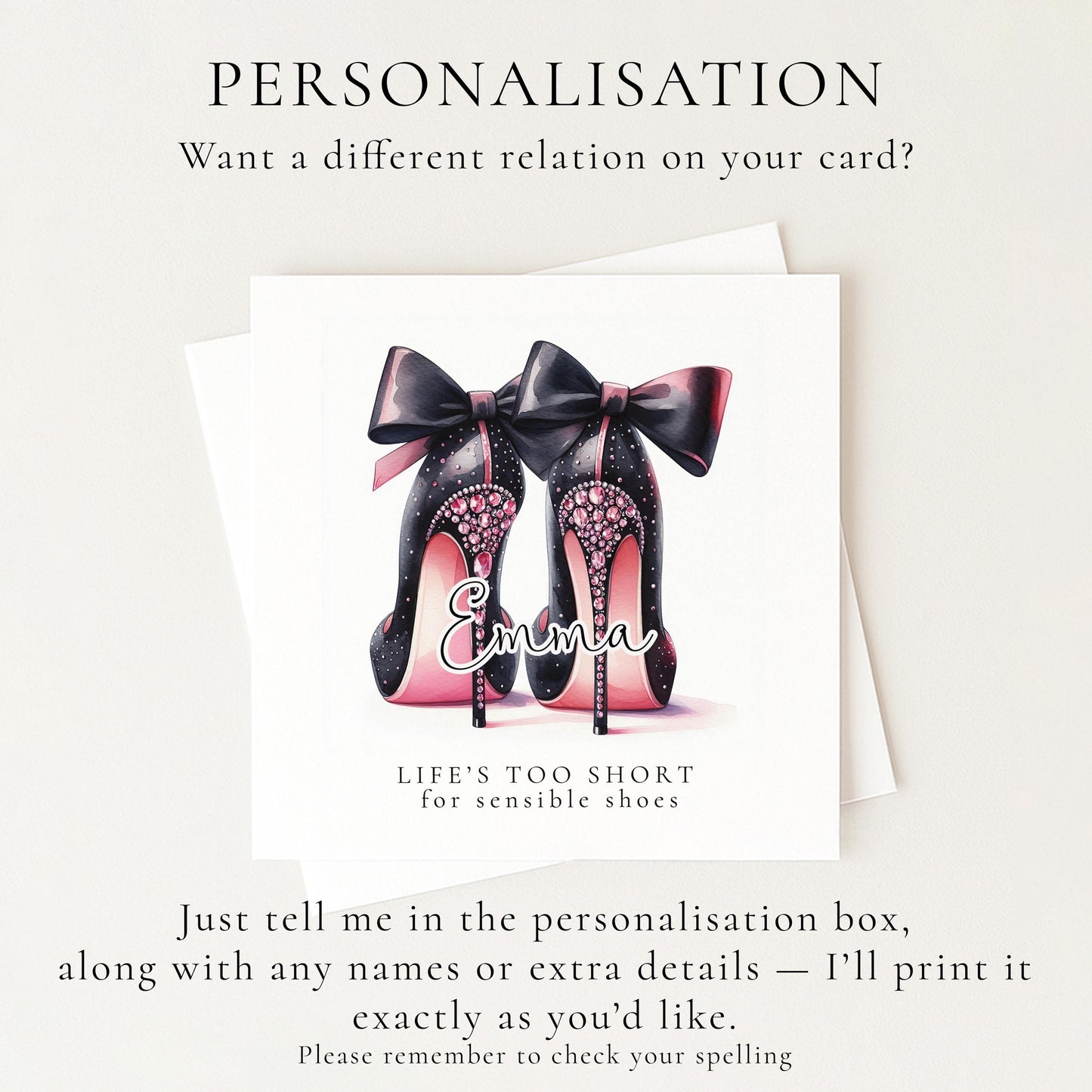 Funny Birthday Card for Her, Life’s Too Short for Sensible Shoes, Glam Bow Heels Card, Stylish Friend Birthday, Fashion Lover Gift