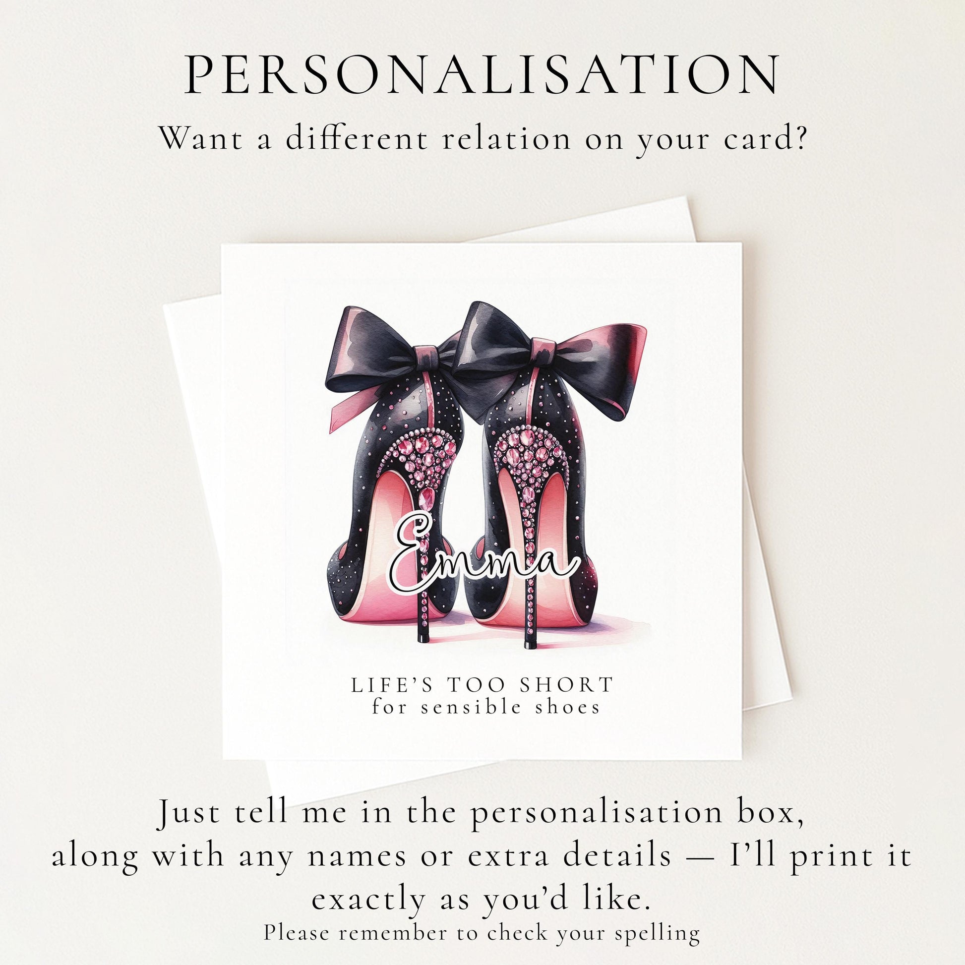 Funny Birthday Card for Her, Life’s Too Short for Sensible Shoes, Glam Bow Heels Card, Stylish Friend Birthday, Fashion Lover Gift