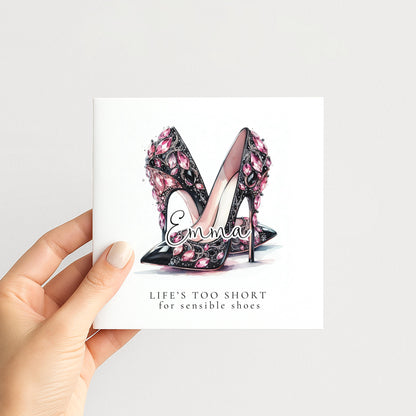 Funny Birthday Card for Her, Life’s Too Short for Sensible Shoes, Glam Jewel Heels Card, Stylish Friend Birthday, Fashion Lover Gift