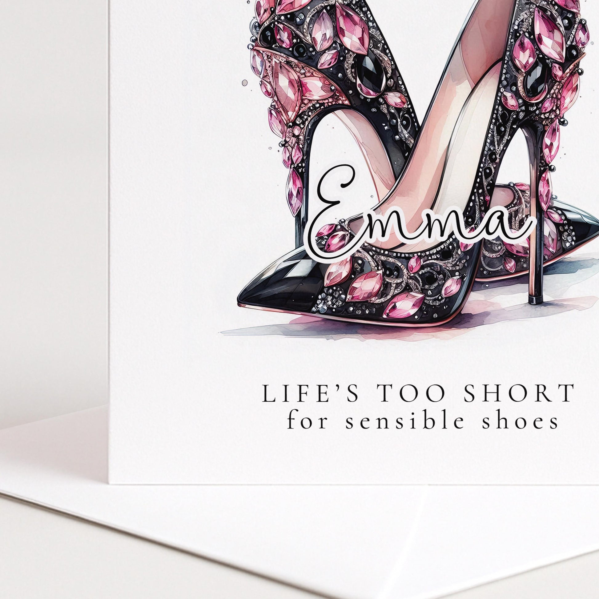 Funny Birthday Card for Her, Life’s Too Short for Sensible Shoes, Glam Jewel Heels Card, Stylish Friend Birthday, Fashion Lover Gift