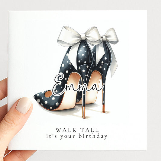 Funny Birthday Card for Her, Walk Tall It’s Your Birthday, Polka Dot and Bows Glam Heels Card, Stylish Friend Birthday Card, Fashion Lover