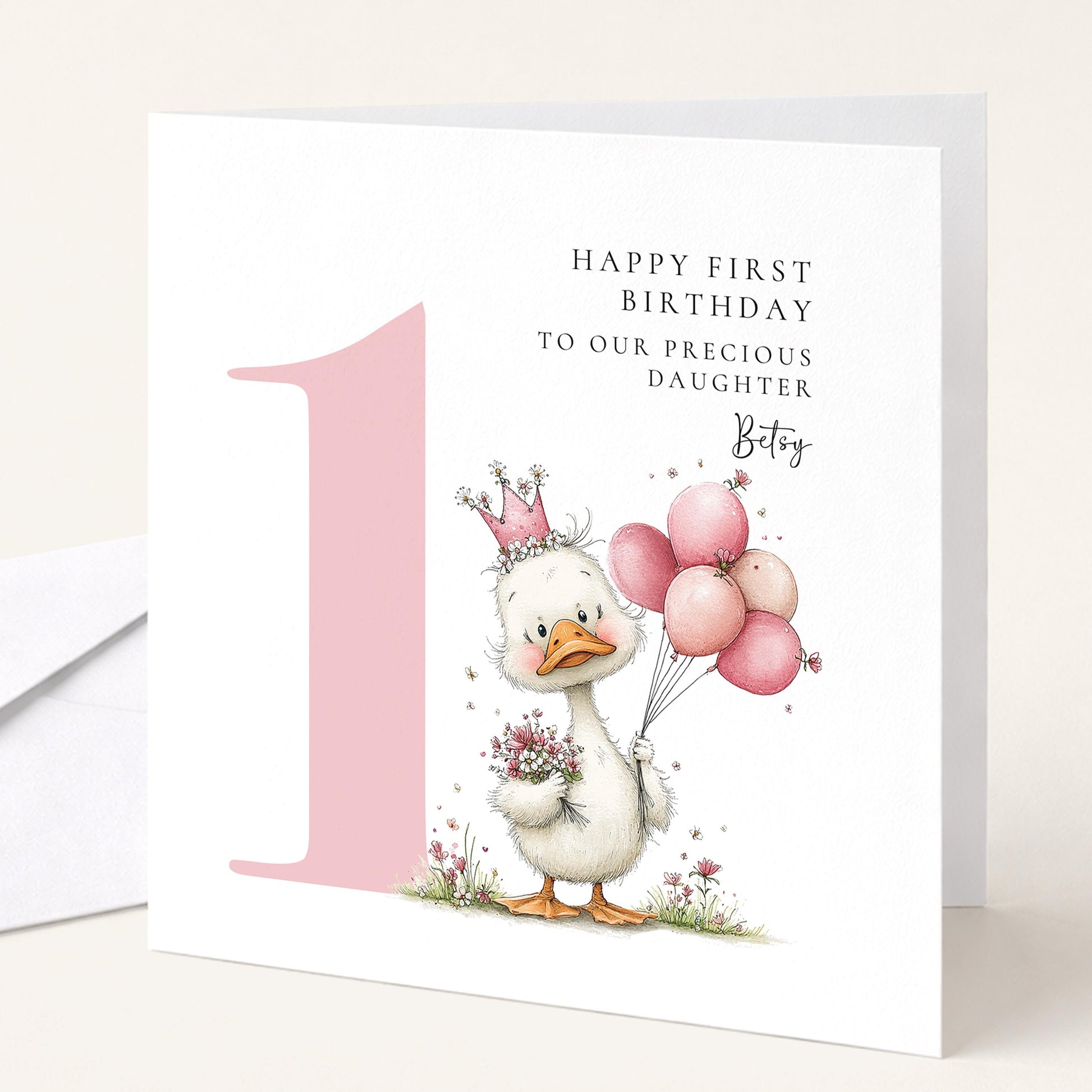 Personalised 1st Birthday Card for Girl, First Birthday Daughter Card, Baby Girl Age 1 Card, Custom Name First Birthday Keepsake