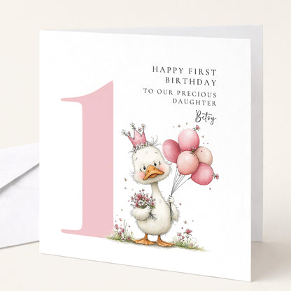 Personalised 1st Birthday Card for Girl, First Birthday Daughter Card, Baby Girl Age 1 Card, Custom Name First Birthday Keepsake