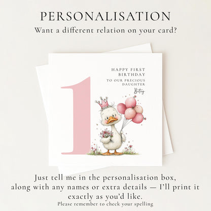 Personalised 1st Birthday Card for Girl, First Birthday Daughter Card, Baby Girl Age 1 Card, Custom Name First Birthday Keepsake